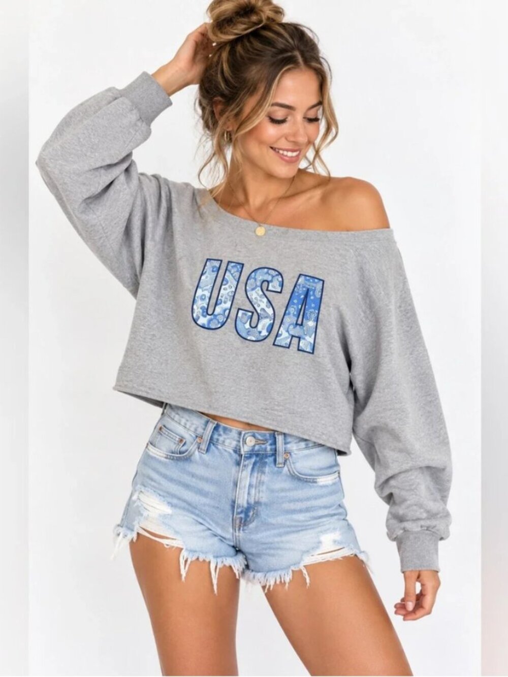 JoyLab Gray Off-Shoulder USA Graphic Cropped Sweatshirt Heather Gray S